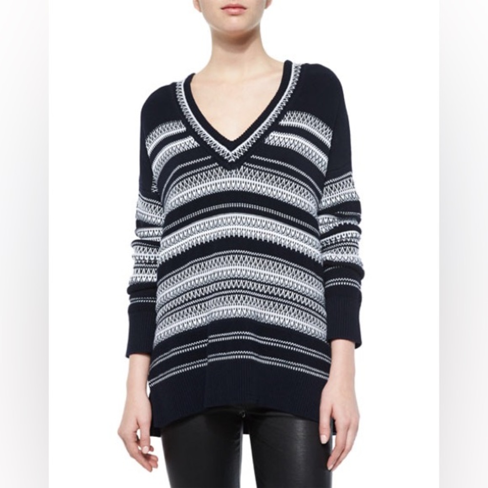 Vince Textured-Stitch Long-Sleeve Sweater, Coastal/Off White XS